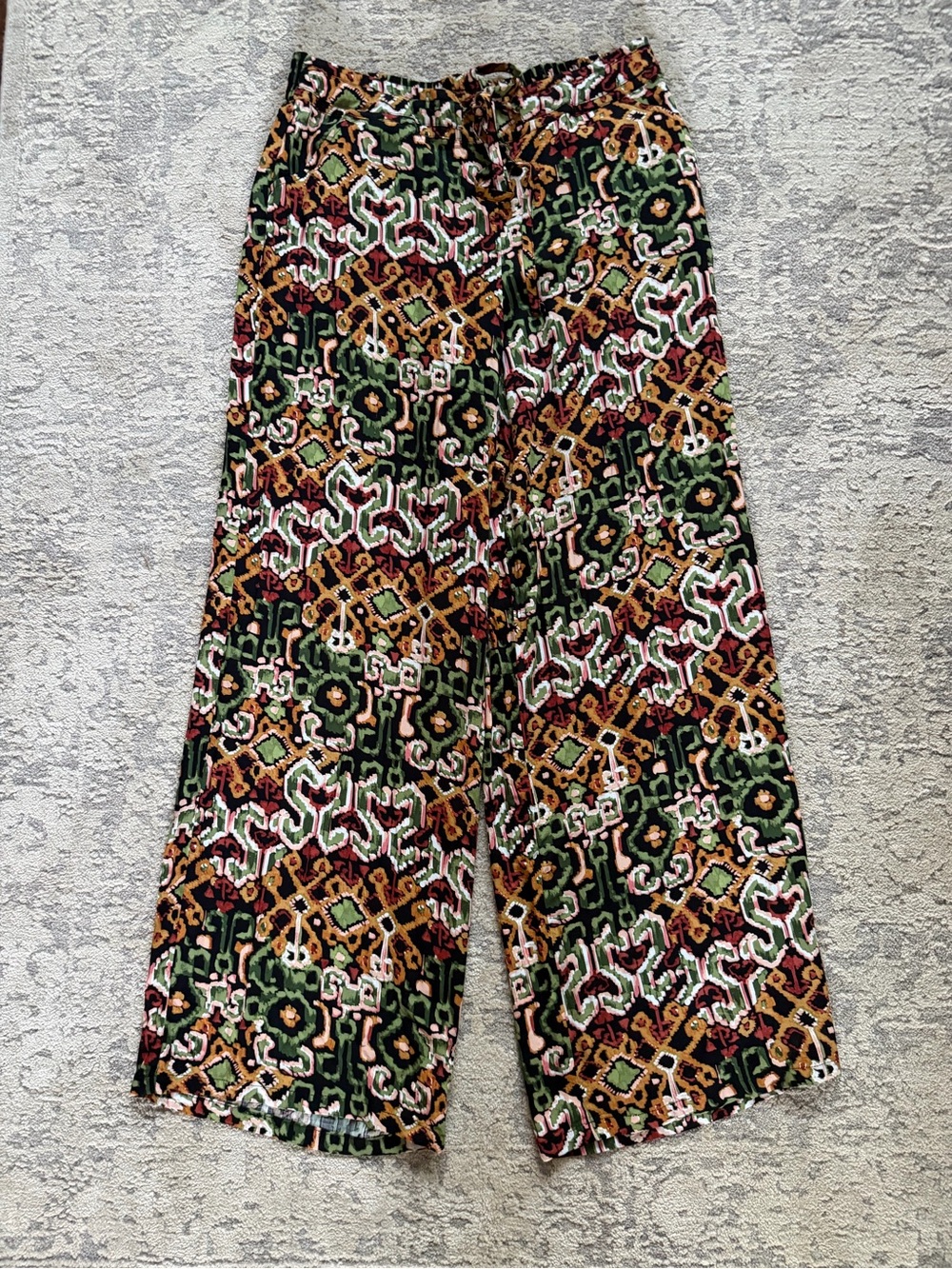 Chico's Wide Leg Rayon Palazzo Pants Olive Rust Ikat Medallion Print Size L